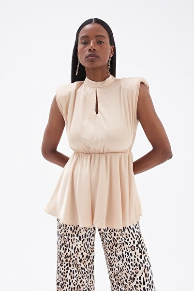 Sateen Volan Detaylı Saten Bluz - Bej