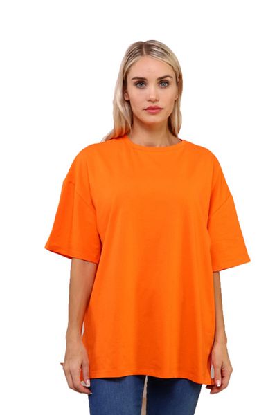 İkmal Orange Loose T-Shirt with Side Slits