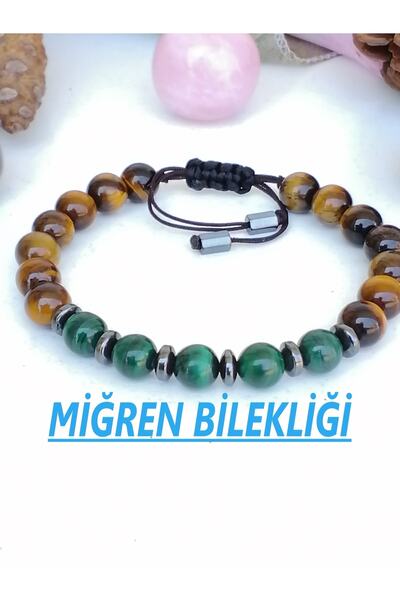 TEZAL Doğal Taştan Kaplan Gözü-malakit-hematit Taşı Bileklik-migren Bilekliği...
