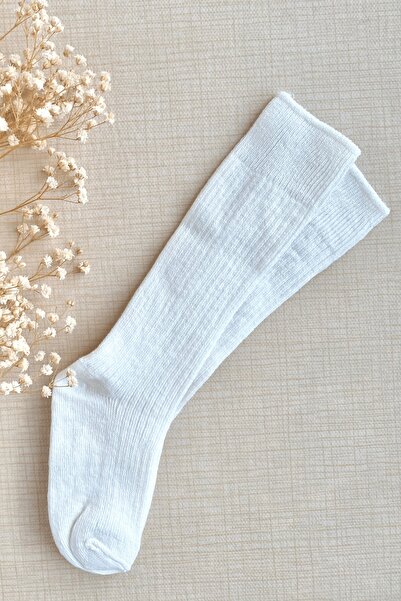 Esra's Store Beyaz Kız Erkek Bebek Dizaltı Çorap Unisex