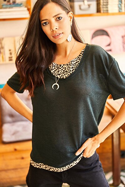 Olalook Жіноче темно-зелене леопардове напівпрозоре плаття Orme Tisort TSH19000620