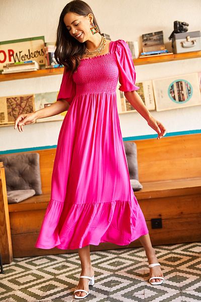 Olalook Damen-Bodrum-Kleid mit elastischem, quadratischem Kragen und Fuchsia-Top ELB-19001557