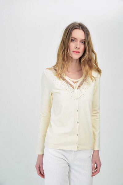 Hanna's by Hanna Darsa Kadın Kremrengi Önü Boncuk Işlemeli Düğme Kapamalı Örm...