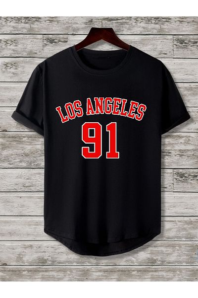 CANDEL Unisex Double Set Bottom Oval Slim Fit Los Angeles Print T-shirt
