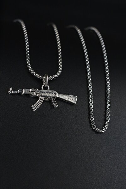 AK-47 Keleş Gun Silver Color Knitted Chain Men's Necklace