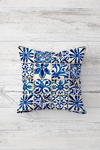 Pelangi Mavi Çini Motifli Çift Tarafı Baskılı Gizli Fermuarlı Yastık Kılıfı Kırlent Koltuk Yastık Kılıfı