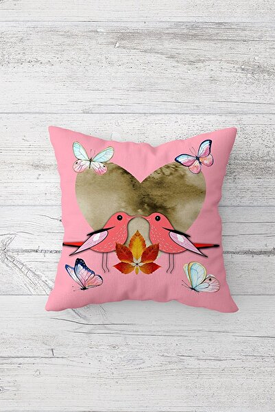 Pelangi غطاء وسادة بسحاب مخفي مطبوع على شكل قلب وطيور فراشة على الوجهين