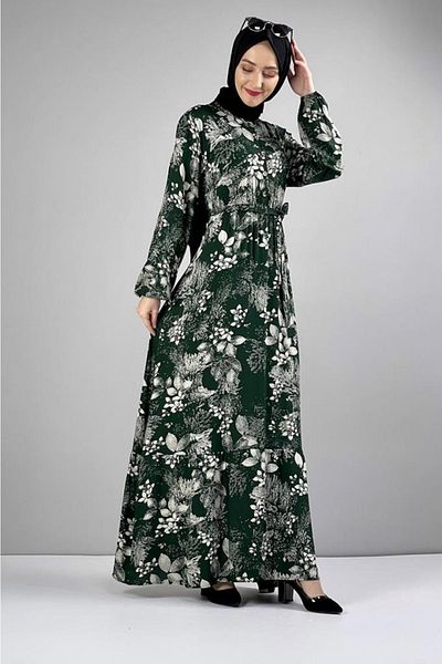 SGS Emerald Green Patterned Hijab Dress - With Belt