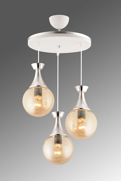 KUZEY AYDINLATMA Minel 3-Piece Tray White Chrome Glop Honey Glass Living Room Chandelier