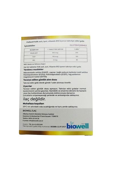 Biowell Foliwell 90 TaBlets - Vitamin B12 and Folic Acid Iodine