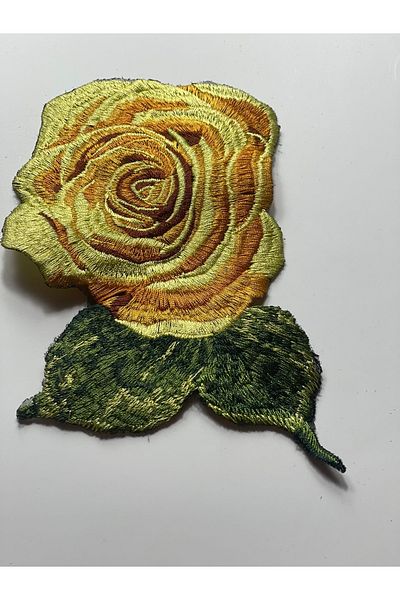 Gönülden Tasarım 20x11 Cm Yellow Rose Green Leaves Embroidered Applique Patch Sewing Guipure Embroidery