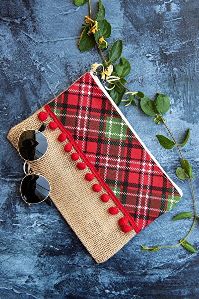 Anı Home Kırmızı Ponponlu Jüt Clutch Çanta