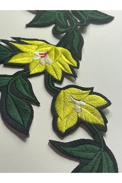 Gönülden Tasarım 32x12 Cm Yellow Rose Green Leaves Embroidered Applique Patch Sewing Guipure Embroidery