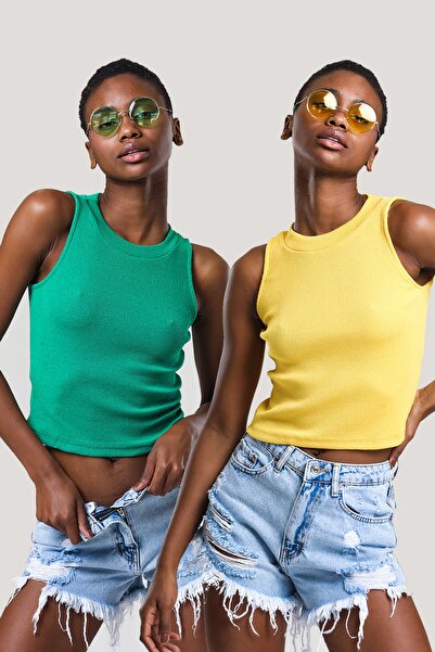 CATSPY Bluză de damă, verde, galbenă, cu gât cu șalț, cu nervuri, 2 piese