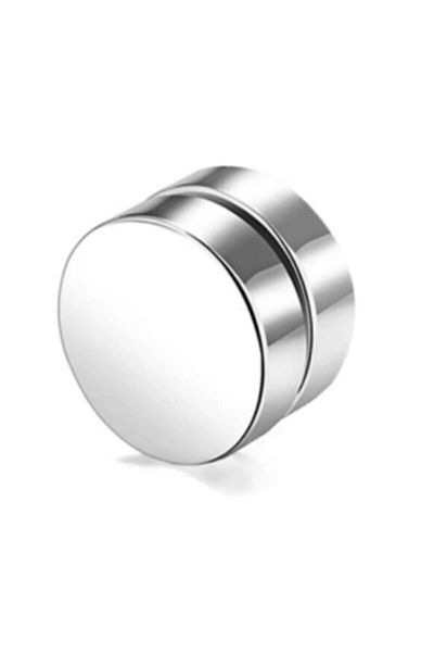 The Collection Silver Flat Round Magnet Men's Earrings 1 Piece 8mm Magnet Steel Magnetic