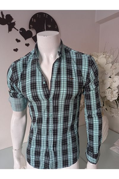 GGMM Ανδρικό αθλητικό πουκάμισο Lycra Water Green καρό