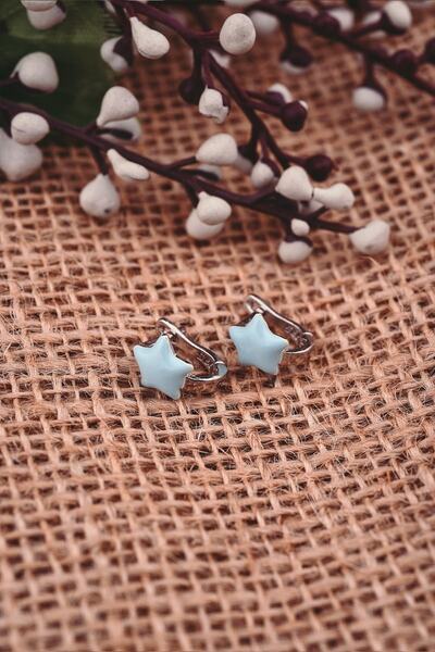 ENCİLİ SİLVER 925 Ayar Gümüş Turkuaz Yıldız Model Çocuk J Küpe