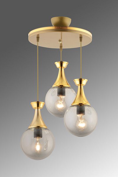 KUZEY AYDINLATMA Minel 3-Piece Tray Pendant Lamp Antique Gold Gilt Glop Glass Chandelier