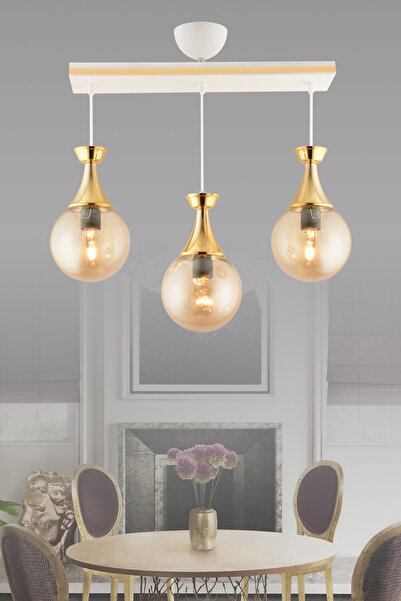 KUZEY AYDINLATMA Minel 3 Lü Caka Beyaza Gold Glop Cam Yemek Odası Avize