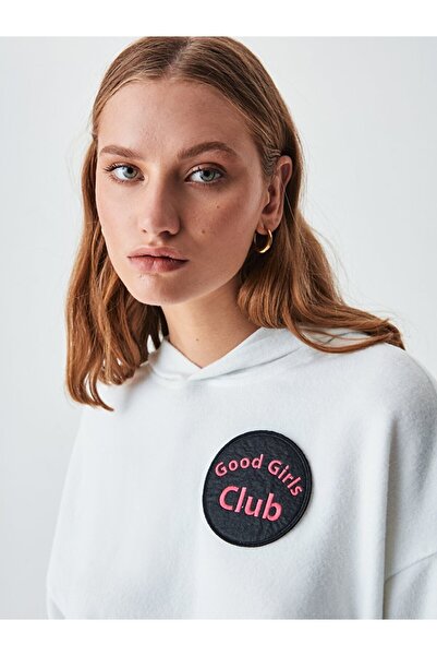 Ltb Hanorac alb cu slogan cu glugă