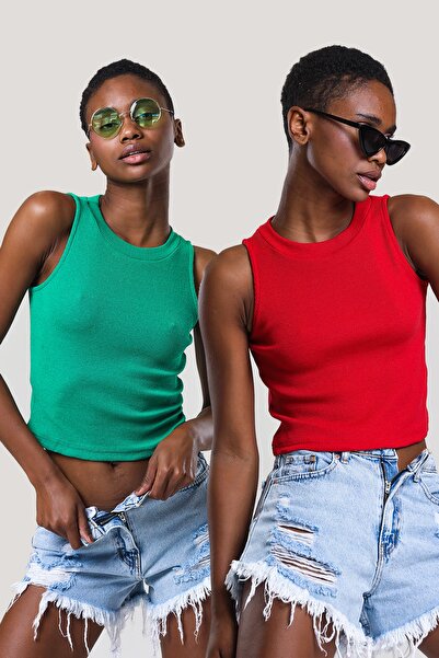 CATSPY Πράσινο Κόκκινο Πακέτο 2 - Μπλούζα με ριμπ λαιμόκοψη