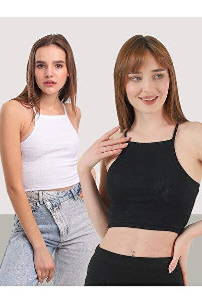 CATSPY Ženski crno-beli tanki remen 2-pak Halter izrez bustier Skraćeni kroj