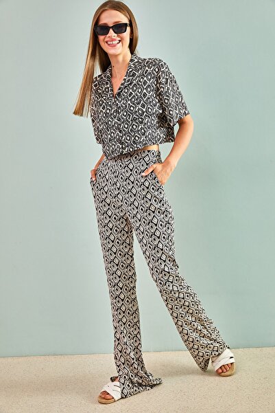 Bianco Lucci Színes viszkóz rövid ujjú női ing hasított nadrággal, felső és alsó szett