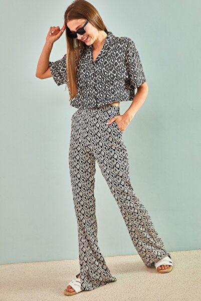 Bianco Lucci Színes viszkóz rövid ujjú női ing hasított nadrággal, felső és alsó szett