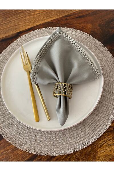 LIFE OR LOVE ebru korkmaz 6’lı Gri Biyeli Dak Keten Kumaş Servis Peçetesi