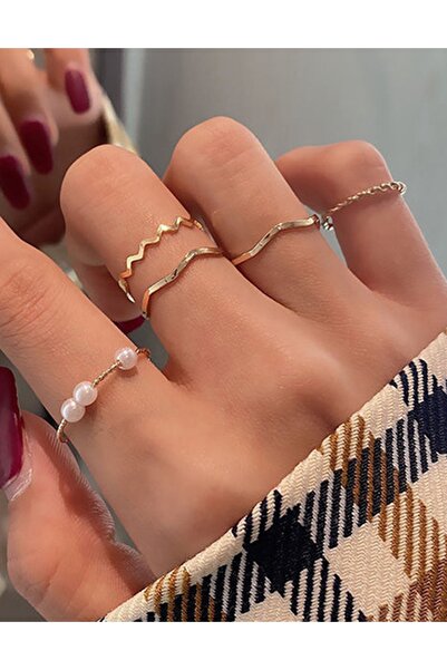 Ervalina مجموعة من 5 خواتم مرصعة باللؤلؤ الصناعي لون ذهبي 0012