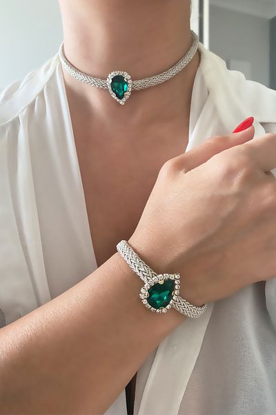 Liveyn Design Green Drop Crystal Necklace Bracelet Set