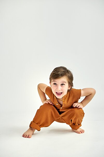 Catz Kids Καφέ λινό αμάνικο φόρμα χωρίς τσέπη