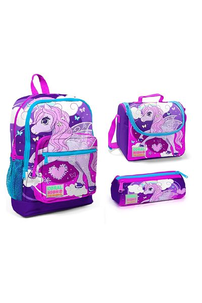 Coral High Set de genți de școală pentru copii, cu patru compartimente, mov albastru, unicorn, 3 piese