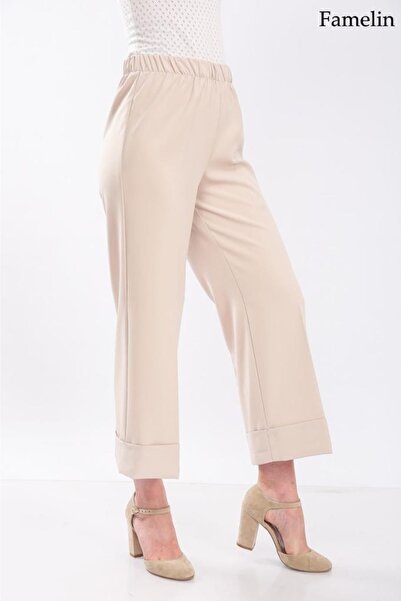 Famelin Geniş Duble Paça Beli Lastikli Kumaş Pantolon