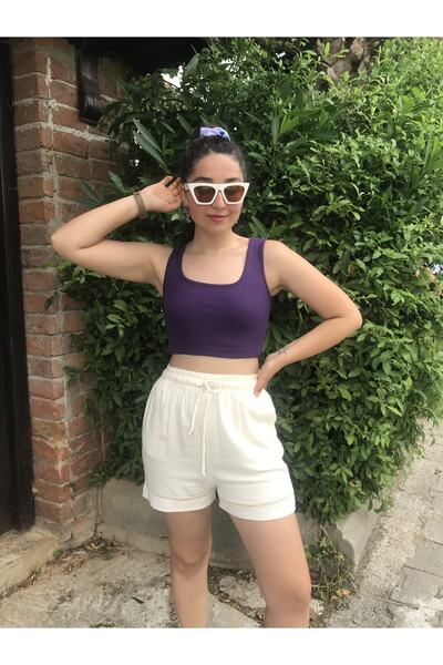 Portakal Çiçeği Akyaka Kare Yaka Kalın Askılı Fitilli Crop Top