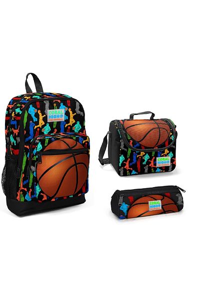 Coral High Set de 3 genți de școală cu modele de baschet cu patru compartimente pentru copii