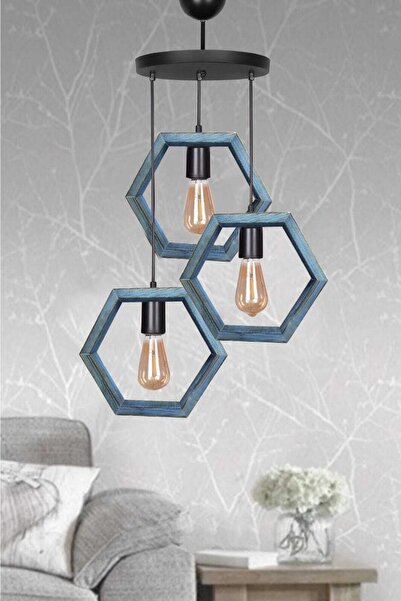 Genel Markalar Mavi Boyalı Ahşap 3 Lü Hexagon Avize
