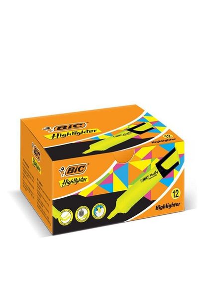 Bic Yellow Highlighter - Set of 12, Flat Highlighter, Marking, 968583