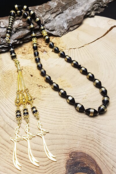 OTTOTESBİH 24K Gold Plated Silver Tasseled 7X11Mm Barley Cut Embroidered Kuka Rosary