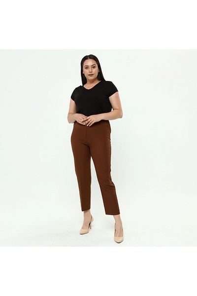 DİVAL Women's Tile Waist Elasticated Plus Size Dumbbell Fabric Trousers