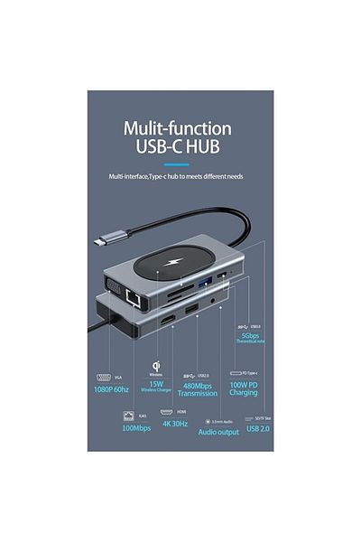 Daytona Ww-9 Macbook متوافق مع Type-c إلى Usb 3.0 4k HDMI Gigabit Rj45 Aux 9 Port Converter Hub محول