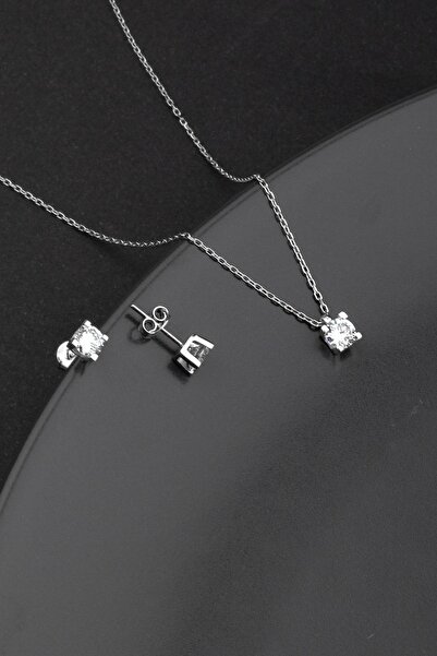 Miavi Silver 925 Ayar Gümüş Rodyum Renk Tek Taş Kolye Küpe Takı Seti