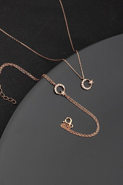 Miavi Silver 925 Ayar Gümüş Zirkon Taşlı Ay Yıldız Kolye Bileklik Takı Seti