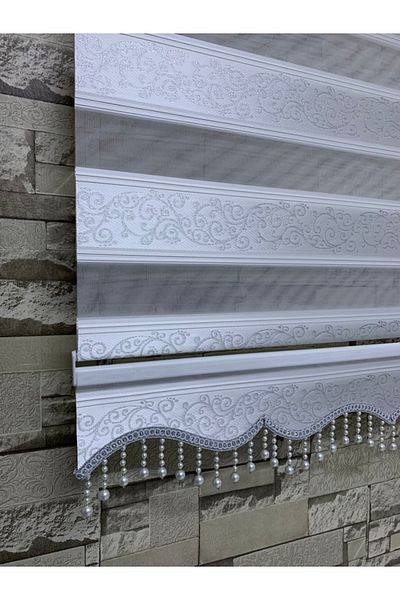PERDECİNİZ Silver Glitter Jacquard Ivy Pattern Zebra Curtain (with Skirt Beads)