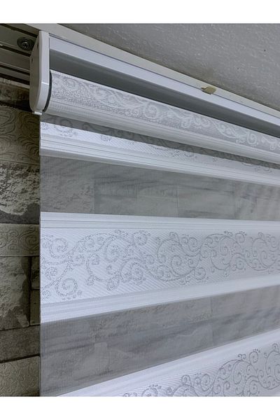 PERDECİNİZ Silver Glitter Jacquard Ivy Pattern Zebra Curtain (Skirt Part Straight)