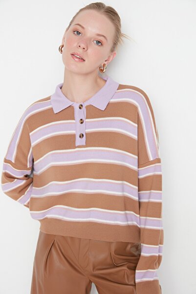 Trendyol Collection Sweter z golfem w kolorze camelowym w paski - Twoaw22Kz0217