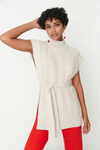 Trendyol Collection Stone Wide Mold Wool Belted Knit Suiter TWOAW22BZ0031