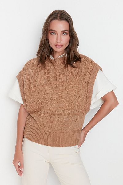 Trendyol Collection Трикотажен пуловер с кръгло деколте с камилски мотиви TWOAW21BZ0447