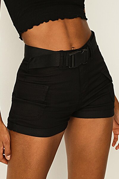 Select Moda Kadın Siyah Kemerli Kargo Mini Şort