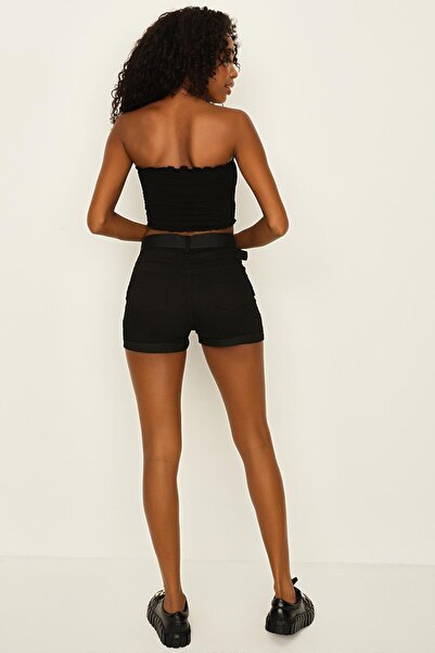 Select Moda Kadın Siyah Kemerli Kargo Mini Şort